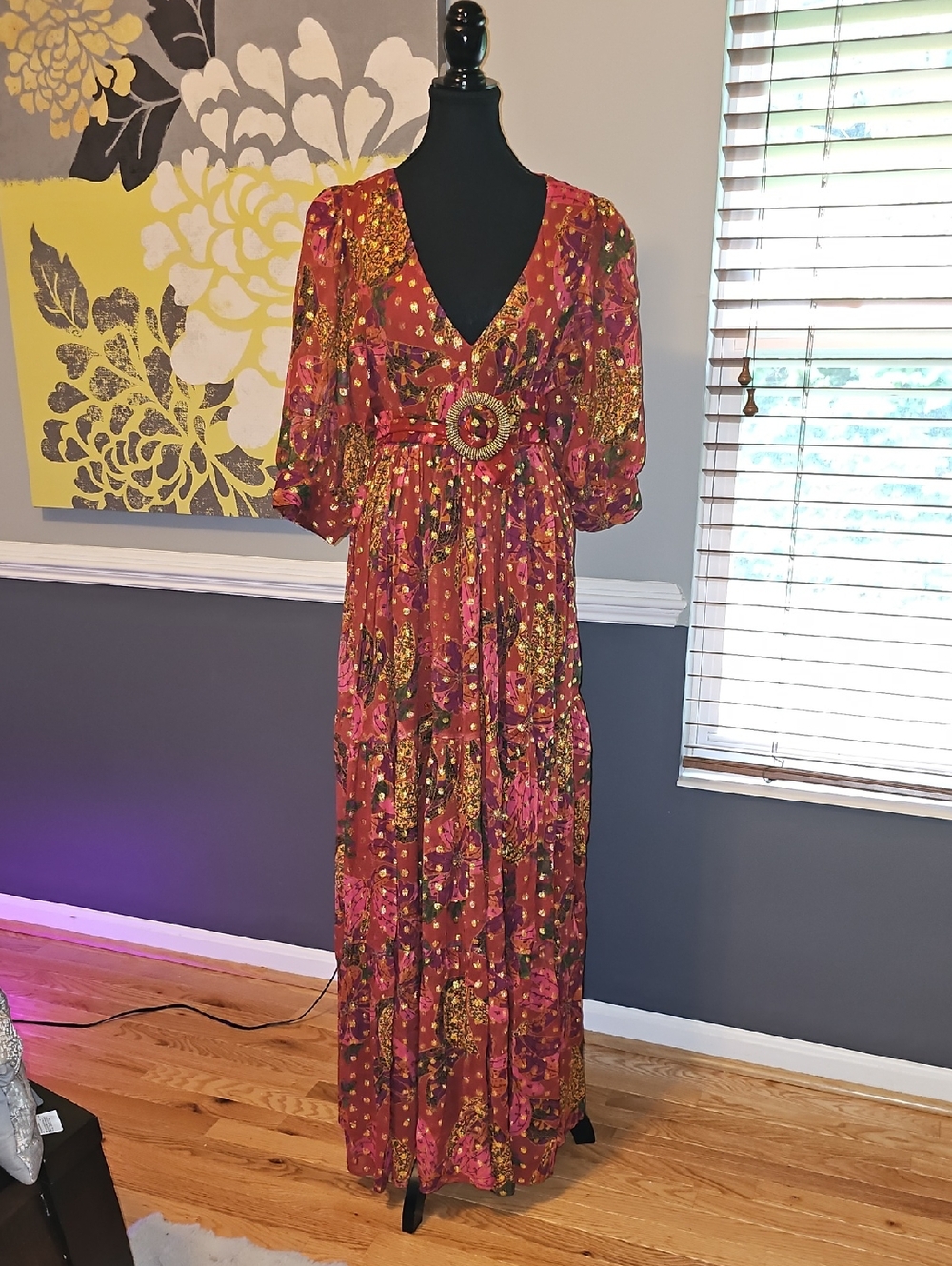NWT-FARM Rio Banana Flowers  Maxi Dress with Beaded Buckle Belt Sz M